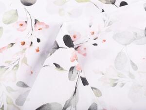 Bavlnená látka/plátno Sandra SA-288 Eukalyptus s ružovými kvetmi na bielom - šírka 160 cm