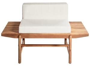 Záhradná lavica svetlé akáciové drevo 135 x 84 cm s vankúšmi krémová biela moderný rustikálny štýl exteriér terasa balkón