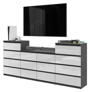 Komoda 220 Cm Antracitová / Biela Lesklá S 14 Zásuvkami, Sada Troch Komód, Do Obývacej Izby