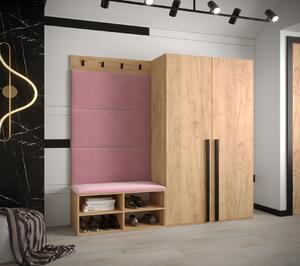 Predsieňový nábytok s čalúnenými panelmi HARRISON - dub zlatý, ružové panely