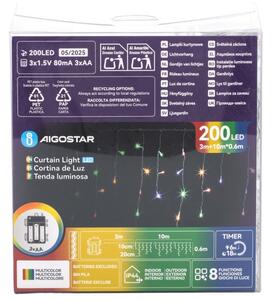 Aigostar - LED Vonkajšia vianočná reťaz 200xLED/8 funkcií 3xAA 13x06m IP44 viacfarebná
