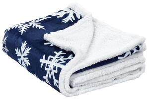 Deka modrá a biela mäkká polyester 150 x 200 cm dvojfarebná hrejivá prikrývka na posteľ so vzorom snehové vločky