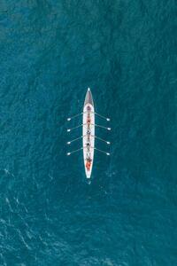 Umelecká fotografie Rowboat on the ocean as seen from above, France, Abstract Aerial Art, (26.7 x 40 cm)