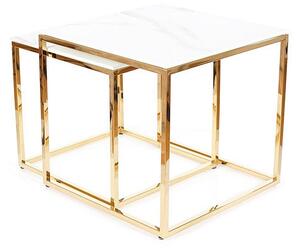 Set konferenčných stolíkov HIPOLIT - biely mramor / zlatý