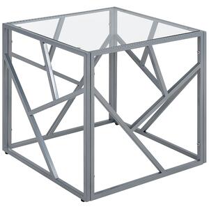 Odkladací stolík strieborný kovový rám sklenená vrchná doska 50 x 50 x 50 cm tvar kocky geometrický dizajn glamour štýl obývačka