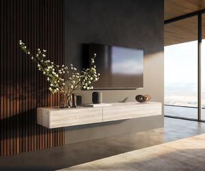 DELIFE TV stolík Cuor 200 cm keramika Laminam® Travertino Bianco krémovo biela 1 výklopné dvierka 1 zásuvka závesné