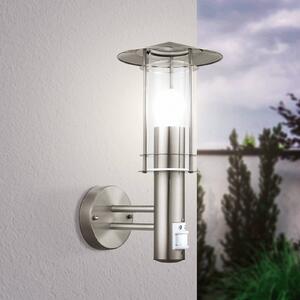 Vonkajšie nástenné svietidlo Lisio, farba nerezovej ocele, výška 36 cm, senzor, Hliník / sivá / zinok, Nehrdzavejúca oceľ, Nástenné svietidlo