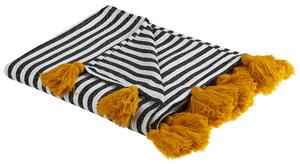 Deka čierna oranžová biela polyester akryl 130 x 170 cm obdĺžnikový tvar pásikavý vzor prikrývka so strapcami boho štýl doplnky