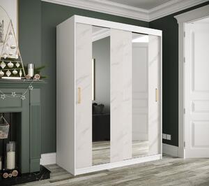 Šatníková skriňa s posuvnými dverami a zrkadlami MAREILLE 4 - šírka 150 cm, biela / biely mramor