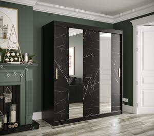 Šatníková skriňa s posuvnými dverami a zrkadlami MAREILLE 4 - šírka 180 cm, čierna / čierny mramor