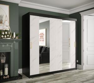 Šatníková skriňa s posuvnými dverami a zrkadlami MAREILLE 4 - šírka 200 cm, čierna / biely mramor