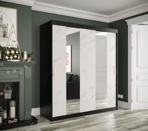 Šatníková skriňa s posuvnými dverami a zrkadlami MAREILLE 4 - šírka 180 cm, čierna / biely mramor