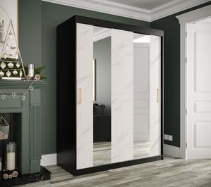Šatníková skriňa s posuvnými dverami a zrkadlami MAREILLE 4 - šírka 150 cm, čierna / biely mramor