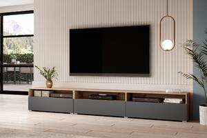 Univerzálny TV stolík Baros 40 s otvorenými policami 270 cm - dub artisan / šedý mat