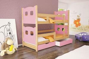 Poschodová posteľ s úložným priestorom KALA 1 - 75x180, borovica / ružová