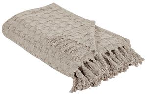 Prikrývka na posteľ sivobéžová bavlnená 200 x 220 cm deka so strapcami klasický dizajn spálňa