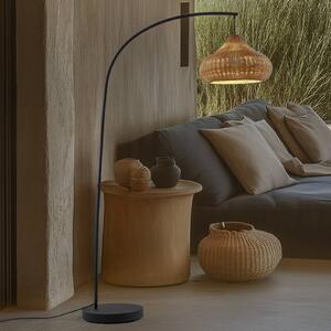 Vonkajšia stojacia lampa Lucande Taniola, béžová, ratan, 195 cm, IP44, Svetlé drevo, Drevo, Vidiecky / Rustikálny, Oblúková stojaca lampa
