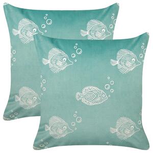 Sada 2 dekoratívnych vankúšov zelená zamat polyester 45 x 45 cm štvorcová vzor rýb doplnky