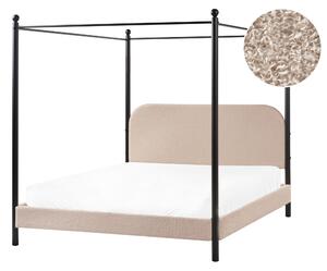 Posteľ s baldachýnom čierny kovový rám sivobéžové buklé čalúnenie 160 x 200 cm retro minimalistický štýl