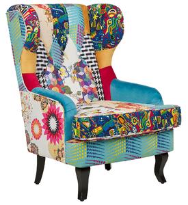 Kreslo viacfarebné modrá tkanina patchwork prešívanie s gombíkmi drevené nohy retro dizajn