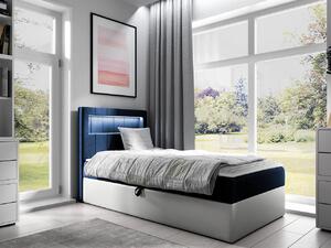 Kontinentálna jednolôžková posteľ 80x200 RAMIRA 1 - biela ekokoža / modrá 1, ľavé prevedenie + topper ZDARMA