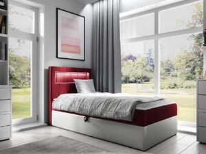 Kontinentálna jednolôžková posteľ 100x200 RAMIRA 1 - biela ekokoža / červená, ľavé prevedenie + topper ZDARMA