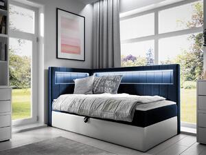 Kontinentálna jednolôžková posteľ 100x200 RAMIRA 3 - biela ekokoža / modrá 1, ľavé prevedenie + topper ZDARMA