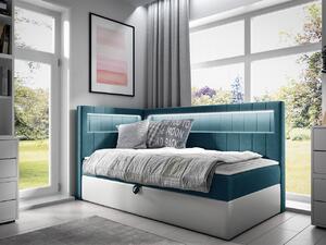 Kontinentálna jednolôžková posteľ 90x200 RAMIRA 3 - biela ekokoža / modrá 2, ľavé prevedenie + topper ZDARMA