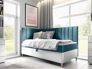 Boxspringová jednolôžková posteľ 100x200 ROCIO 3 - biela ekokoža / modrá 2, ľavé prevedenie + topper ZDARMA
