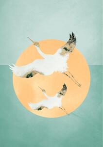 Ilustrácia Mint Green Sun, Aureous Cranes