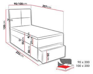 Jednolôžková boxspringová posteľ 90x200 LUGAU - šedá, pravé prevedenie + topper ZDARMA