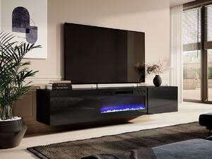 Závesný TV stolík s elektrickým krbom TOKA - čierny / lesklý čierny