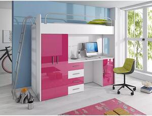 Posteľ s písacím stolom do detskej izby RENI 4 - 80x200, biela / ružová