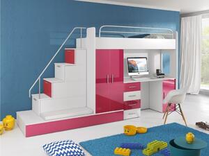 Detská posteľ s písacím stolom RENI 5 - 80x200, biela / ružová