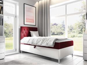 Boxspringová jednolôžková posteľ 100x200 PORFIRO 1 - biela ekokoža / červená, pravé prevedenie + topper ZDARMA