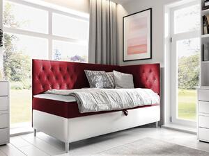 Boxspringová jednolôžková posteľ 100x200 PORFIRO 3 - biela ekokoža / červená, pravé prevedenie + topper ZDARMA