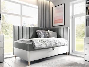 Boxspringová jednolôžková posteľ 90x200 ROCIO 3 - biela ekokoža / šedá, pravé prevedenie + topper ZDARMA