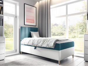 Hotelová jednolôžková posteľ 80x200 ROCIO 1 - biela ekokoža / modrá 2, pravé prevedenie + topper ZDARMA
