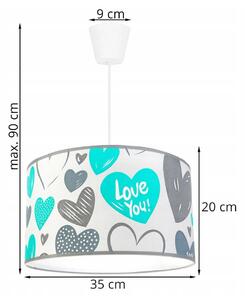 Detské Závesné svietidlo Heart, 1x biele textilné tienidlo so vzororm, (výber z 2 farieb konštrukcie), b