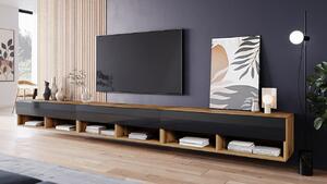 Televízny stolík 300 cm s LED osvetlením WILLA A - dub wotan / lesklý čierny