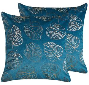 Sada 2 dekoratívnych vankúšov modrá zamat 45 x 45 cm zlatá potlač listov monstery elegantný glamour štýl doplnky