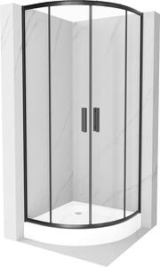 Mexen Rio, štvrťkruhový sprchovací kút s posuvnými dverami 70 x 70 cm, 5mm číre sklo, čierny profil + biela vysoká sprchová vanička Rio, 863-070-070-70-00-4710