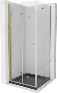 Mexen Lima, sprchový kút 90 (dvere) x 90 (stena) cm, 6mm číre sklo, zlatý profil + SLIM sprchová vanička čierna 5cm so zlatým sifónom, 856-090-090-01-00-4070