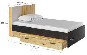 Jednolôžková posteľ s roštom a šuplíkmi QUYEN - 120x200, dub artisan / silk / raw steel