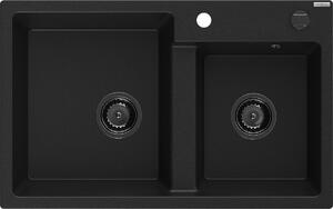 Mexen Tomas, granitový drez 800x500x190 mm, 2-komorový, čierna s čiernym sifónom, 6516802000-77-B