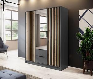 Trojdverová skriňa so zrkadlom MARFA - šírka 155 cm, grafit / dub artisan