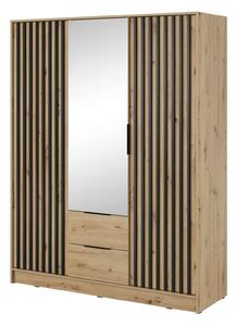 Trojdverová skriňa so zrkadlom MARFA - šírka 155 cm, dub artisan / čierna