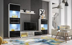 Moderná obývacia stena s LED osvetlením SALIMA - biela / lesklá čierna