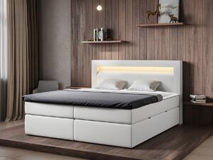 Kontinentálna manželská posteľ s LED osvetlením 140x200 CHUCKA - biela ekokoža + topper ZDARMA