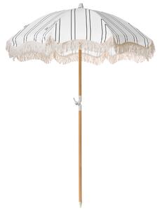 Záhradný slnečník biely s čiernym tyč z bukového dreva ⌀ 150 cm okrúhly nastaviteľný UV odolný retro štýl exteriér